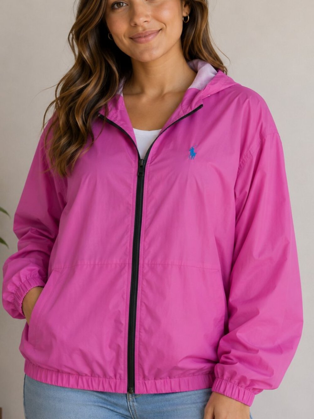 U.S. Polo Assn. Pink Hooded Windbreaker Jacket Mesh Lined Full Zip XL EUC